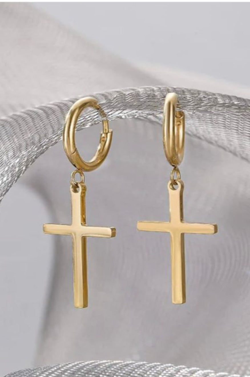 DAINTY 18K GOLD CROSS PENDANT EARRINGS